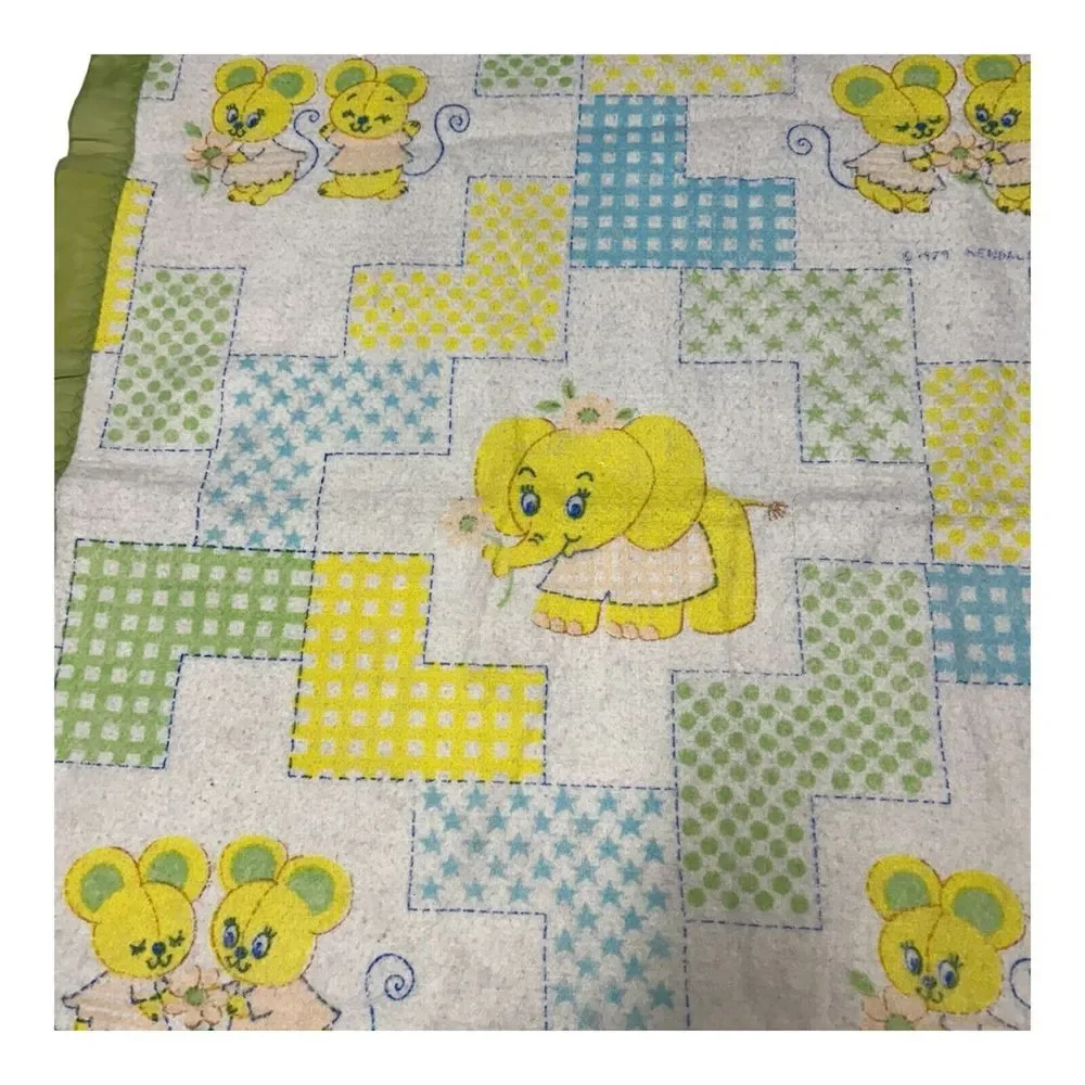 Vtg Curity Baby Fleece Blanket Patchwork Pals Animals USA Dated 1979 Green
